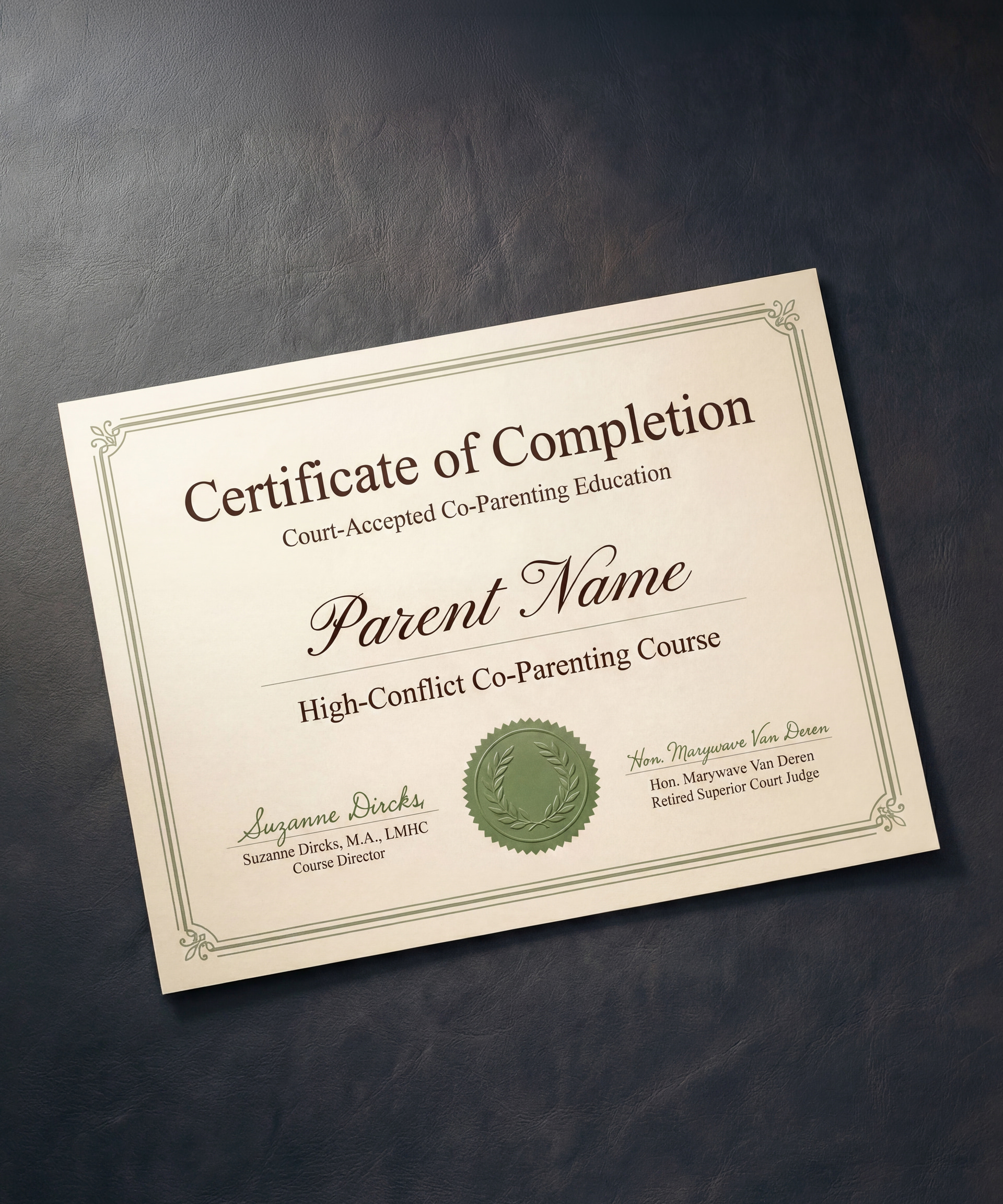 Certificate of Completion for the High-Conflict Co-Parenting Course, displayed upright — desktop view