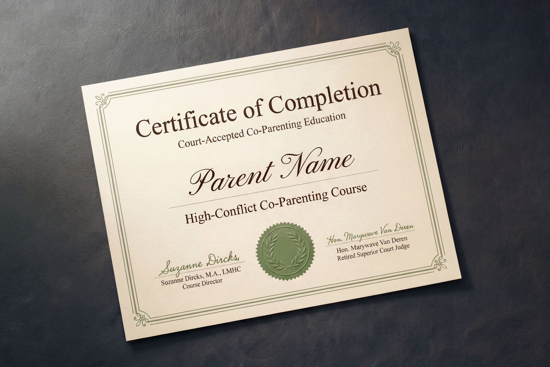 Certificate of Completion for the High-Conflict Co-Parenting Course — mobile view