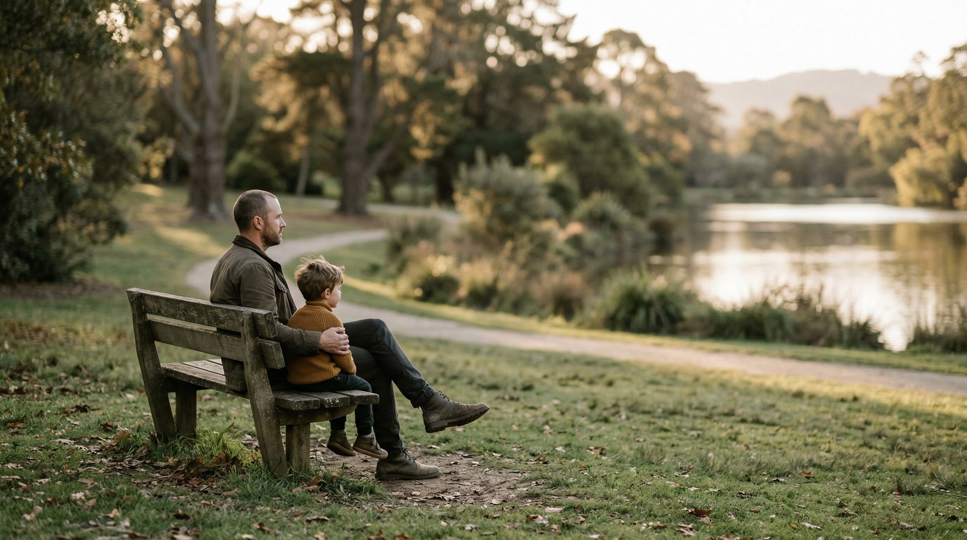 A father and son sitting together on a park bench looking out at a lake