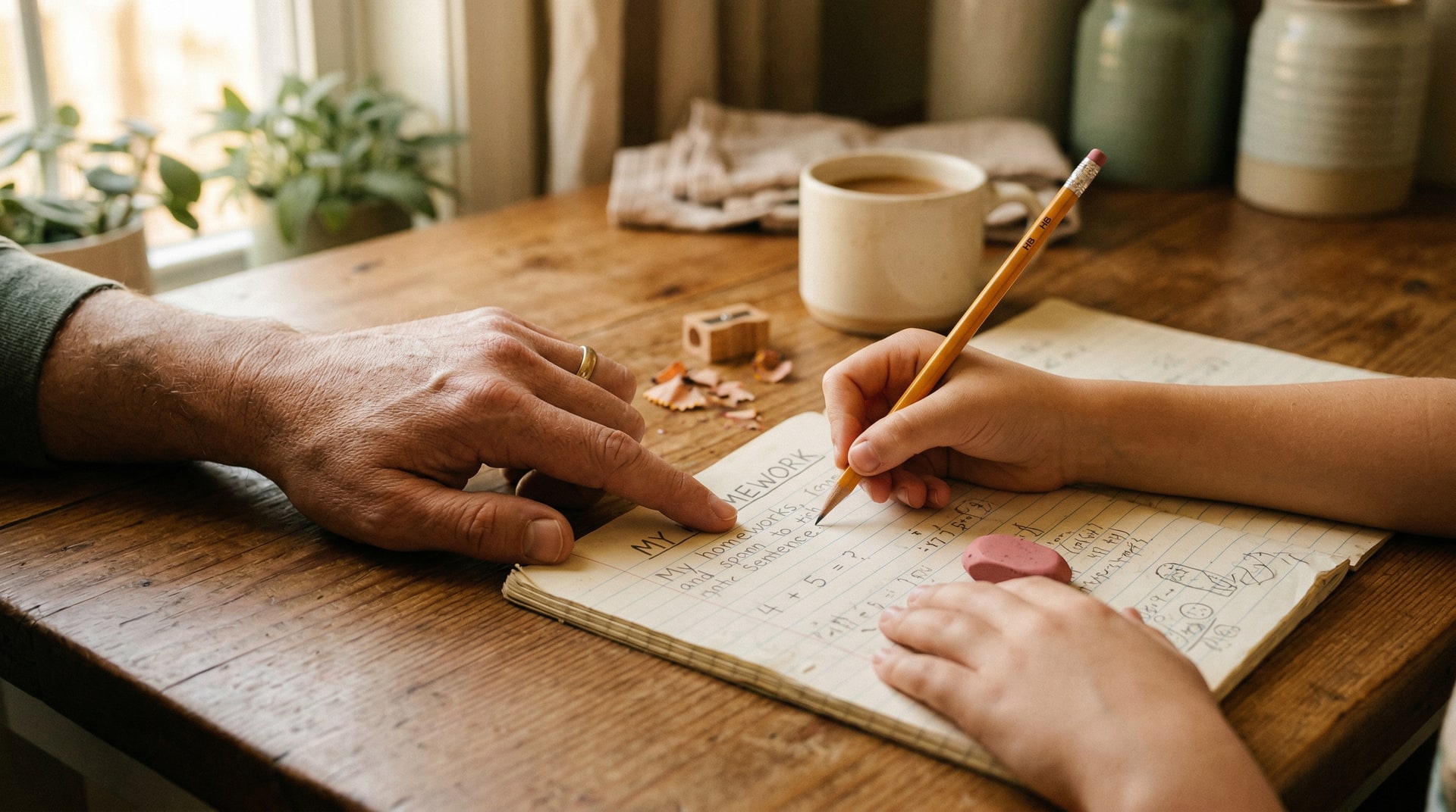 A parent helping a child with homework at a warm wooden kitchen table