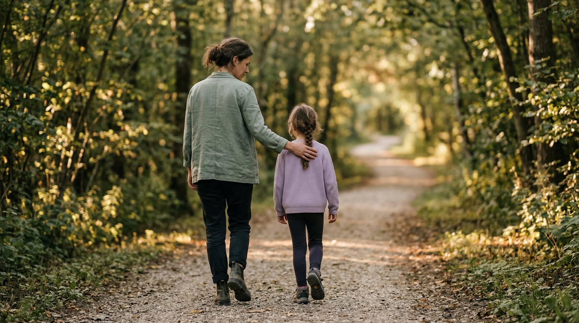 A mother and daughter walking forward together on a tree-lined path in warm afternoon light