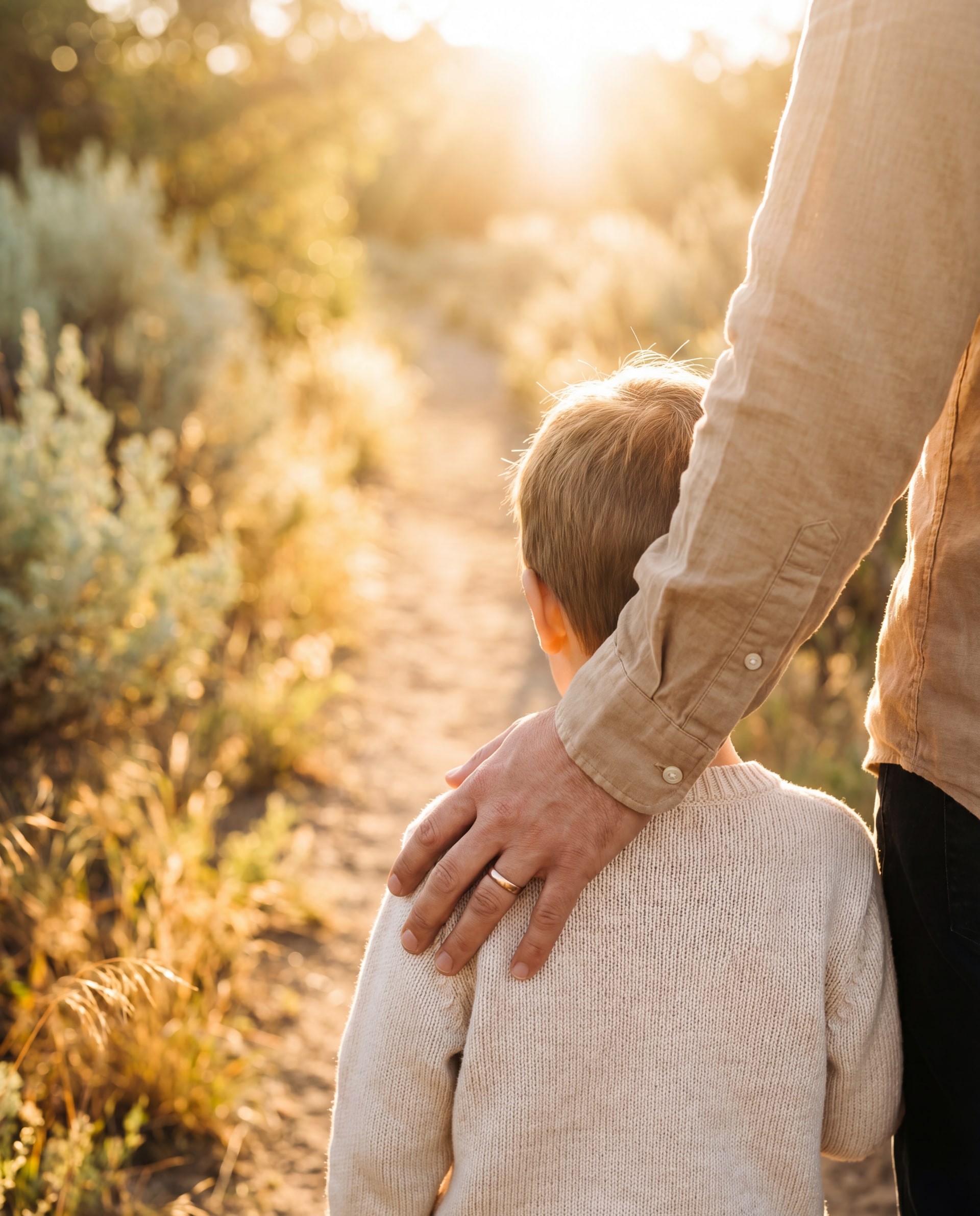 A parent's hand resting gently on a child's shoulder as they walk forward together on a bright sunlit path